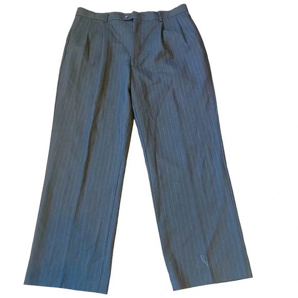 Stafford 100% Wool Black Dress Stripped Pants Men Size W-38L Pockets - Picture 1 of 4
